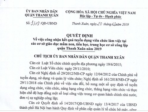 Quyết định Công nhận công nhận kết quả tuyển dụng viên chức làm việc tại cơ sở giáo dục mầm non, tiểu học, trung học cơ sở công lập quận Thanh Xuân năm 2019